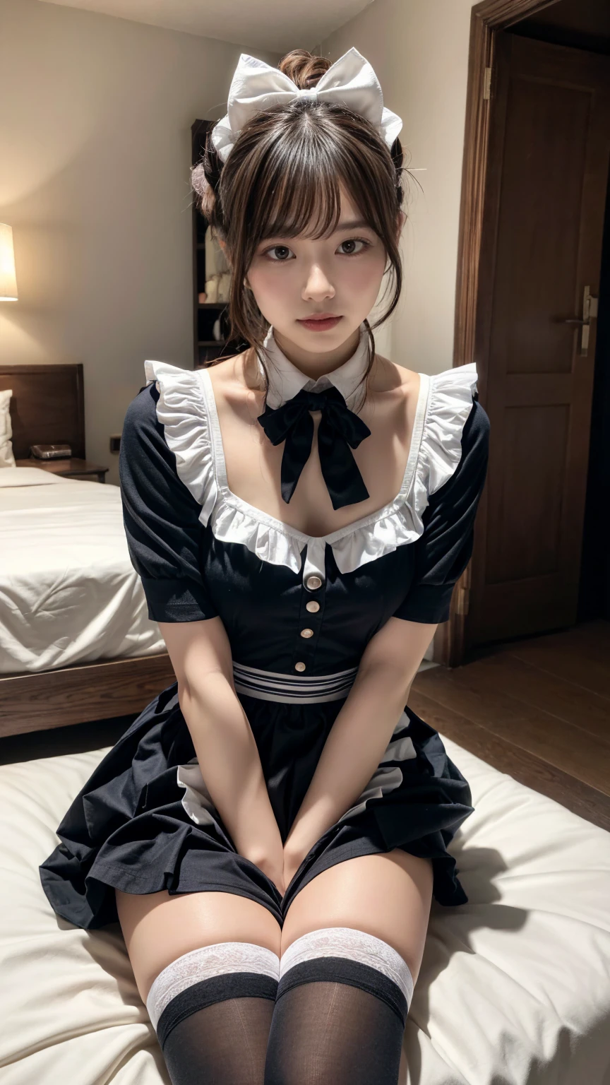 masterpiece, best quality, illustration, Super detailed, fine details, High resolution, 8K,wall paper, perfect dynamic composition,(Details High quality, realistic depiction of eyes:1.3), short hair, (wavy hair:1.2), SFW, huge breasts, hotel room, (bow ribbon, Maid, knee high socks:1.3), Aside Cutter Shirt, frill skirt, Large breasts, Don't expose it, ponytail,  black hair color, Big Natural Color Lip, perfect body shape, bold sexy pose, crying a little、Harajuku style、20 year old girl、cute type、lolita、beautiful legs, full body photo、focus on crotch, hposing Gravure Idol