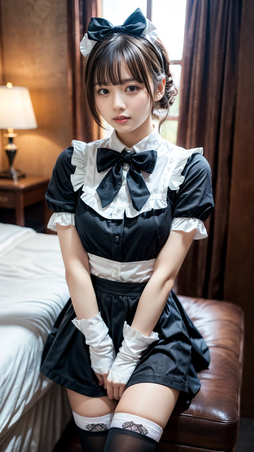 masterpiece, best quality, illustration, Super detailed, fine details, High resolution, 8K,wall paper, perfect dynamic composition,(Details High quality, realistic depiction of eyes:1.3), short hair, (wavy hair:1.2), SFW, huge breasts, hotel room, (bow ribbon, Maid, knee high socks:1.3), Aside Cutter Shirt, frill skirt, Large breasts, Don't expose it, ponytail, black hair color, Big Natural Color Lip, perfect body shape, bold sexy pose, crying a little、Harajuku style、20 year old girl、cute type、ta、beautiful legs, full body photo、focus on crotch, hposing Gravure Idol