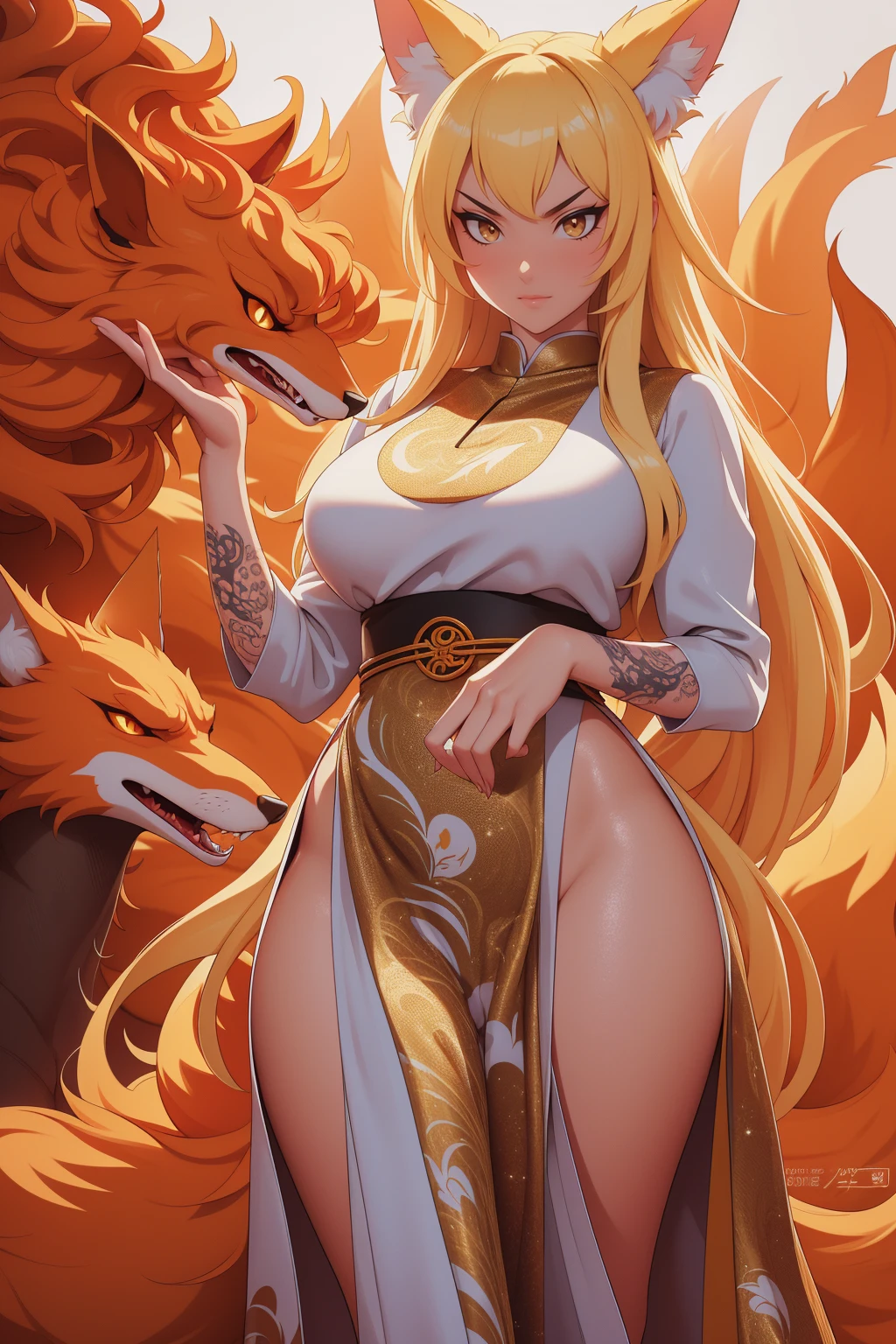 REALISTIC VISION 1.4, BETTER VAE,sharp focus, ultra detail, 32k,realistic photo, intricate details, kitsune, blond hair, (blond hair), gold eyes, intricate details ,woman, nine tails, intricate details,intricate details,big , Voluptuous body, intricate details, Miko, clothes long white dress with red details intricate details, tattoos intricate details, full body, with a orange nine tails fox , kiuubi (kurama, naruto), angry face,