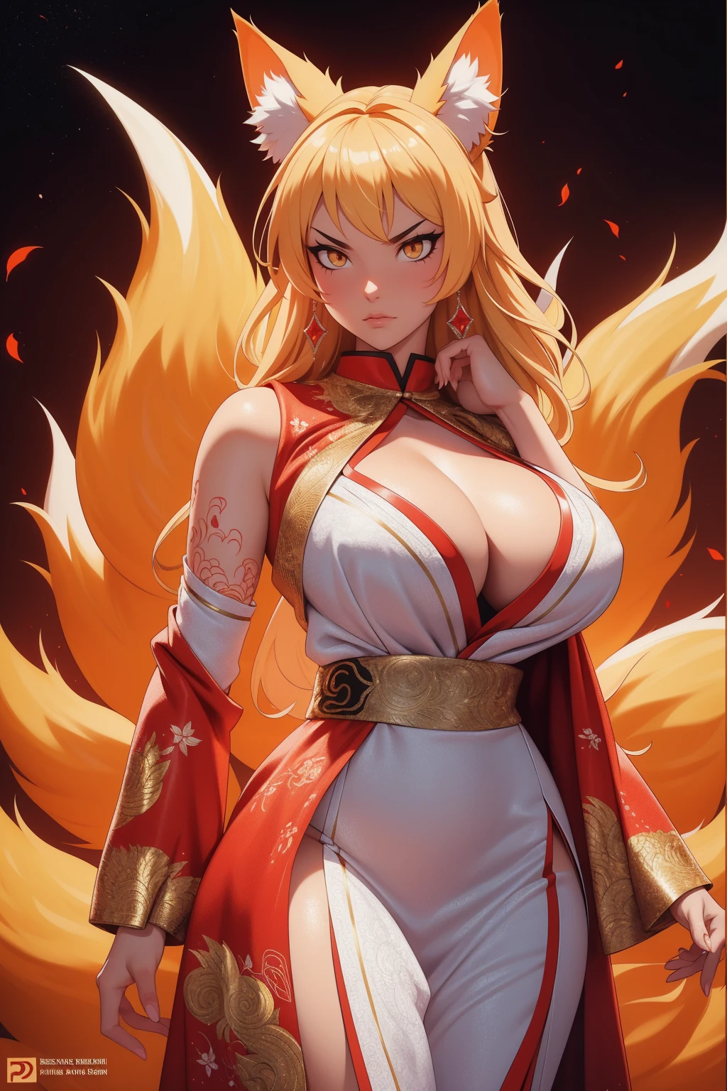 REALISTIC VISION 1.4, BETTER VAE,sharp focus, ultra detail, 32k,realistic photo, intricate details, kitsune, blond hair, (blond hair), gold eyes, intricate details ,woman, nine tails, intricate details,intricate details,big , Voluptuous body, intricate details, Miko, clothes long white dress with red details intricate details, tattoos intricate details, full body,  with a orange nine tails fox , kiuubi (kurama, naruto), angry face,