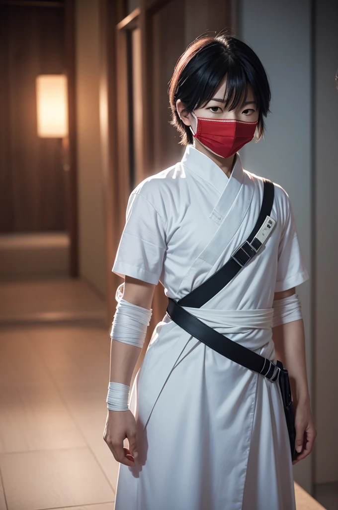 pilgrim_Hiryu, standing alone, white hair red eyes, 1 young boy, male focus, tissue, mask, bandages, clamp, red tissue, ninja, moon light, Sakura falling on her feet, hand on hips, shirt blue, ultra realistic,32k,CRU photo,(highly detailed skin:1.2), 8k hd, dslr, soft lighting, high qualiy, Film grain