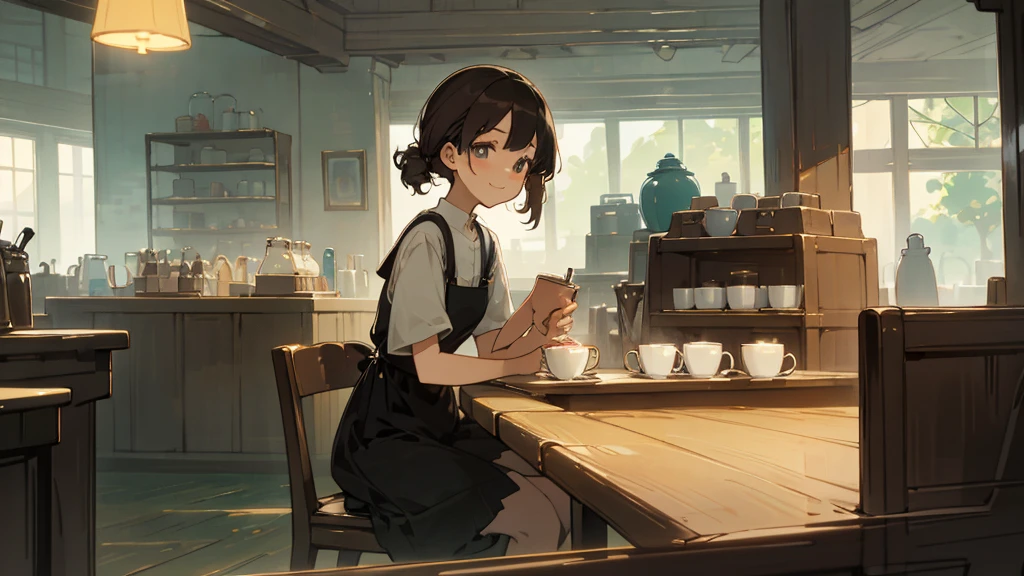Stylish cafe、Anime Style、Freshly Brewed Coffee、Delicious looking baked goods、Relaxed atmosphere、Cozy atmosphere、Beautiful girl with dark hair sitting and drinking coffee、Wearing a dress、smile、Warm Light、avert your eyes、Ghibli style