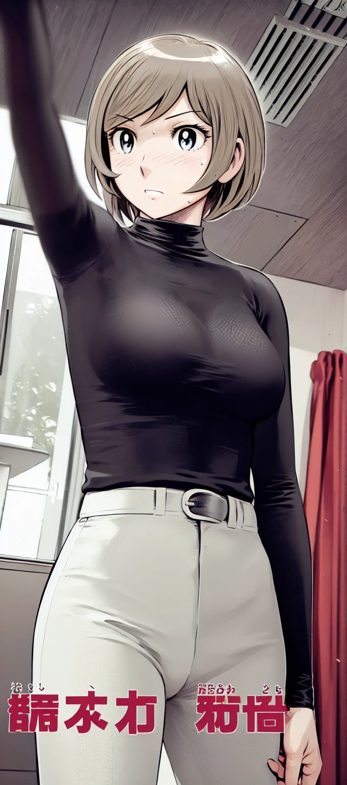 (short hair:1.2),Sleeveless、Black Shirt, turtleneck,White trousers、uniform、Black belt、((People illustrations))、Big Breasts、
View your audience,, (Highest quality:1.3),One Girl, White pants、uniform、blue eyes、Tight black shirt、(masterpiece、Highest quality)、Highest quality, Ultra-high resolution, (((masterpiece))), alone, Sweat、Big eyes、Big Breasts、One Girl, Front view、Embarrassed face、Bronze colored hair、((short hair))、locker room、Stretch your arms to the sides、Good posture、Stand upright、Stand up straight、Upper body close-up