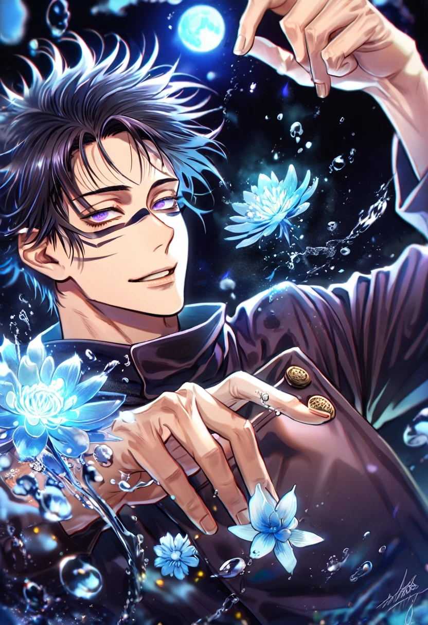 absurdres, highres, ultra detailed, HDR, master piece, Choso, black hair, expressive purple eyes, black scarf, black shirt, Jujutsu Kaisen, man, handsome, best quality, blue moon, flowers, fantasy, magical, solo, water, blue shining fireflies, blue petals, Jujutsu Kaisen uniform, handsome smile