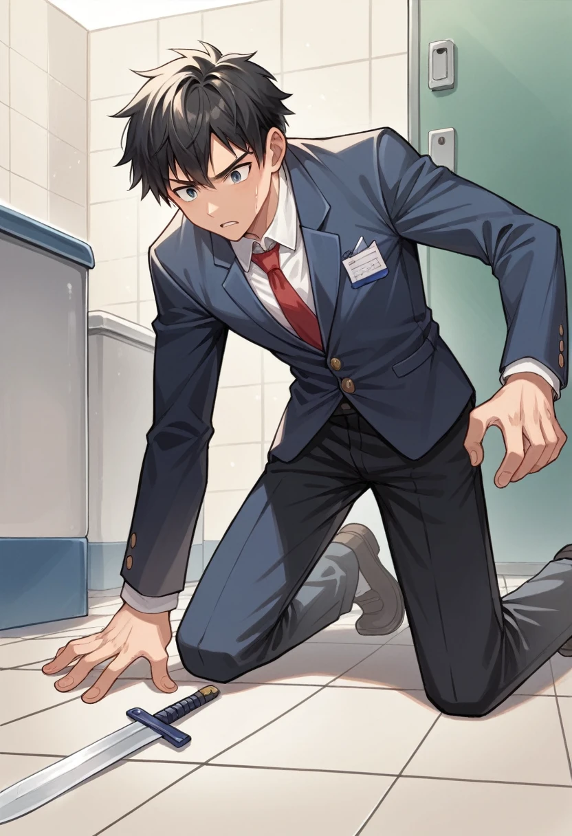 score_9, score_8_wonderful, score_7_wonderful, sauce_anime ,Male Focus,Part 1:  , 1 male,Black trousers,market,Black tie，White shirt with sleeves,Get on all fours and place your hands on the floor,penis,Wear a collar with laces,View your viewers