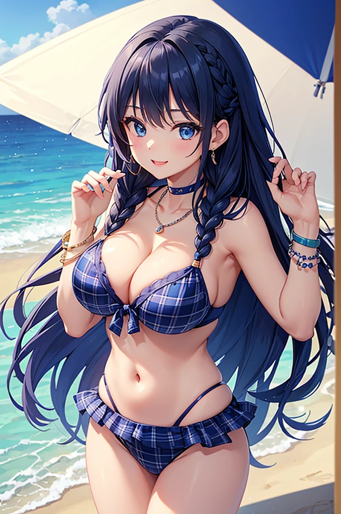 Highest quality、Highest quality、masterpiece、(8K),beauty(Age 25)、Navy blue long hair(Braiding of sides)、blue eyes、Sexy Bikini(Plaid)、Big cleavage、(Big Breasts)、smile、blue necklace、Blue Earrings、background(Beach)、Please open your mouth wide、bracelet、Arch Pose、Blue choker