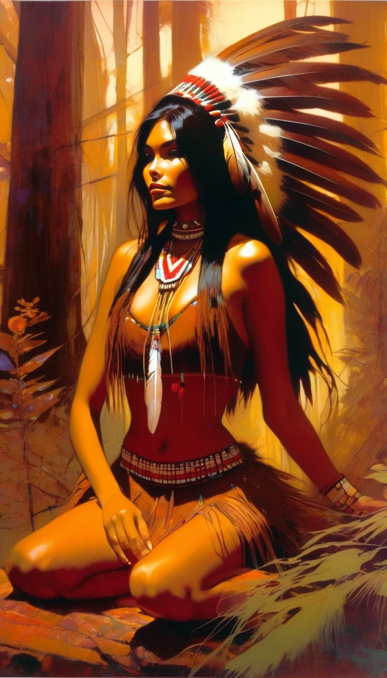 American Indian girl, Indian costume in brown tones, very sexy, feathers, happy observing some flowers, in a very beautiful closed forest, sexy, erotic (art inspired by Bill Sienkiewicz). oil painting)