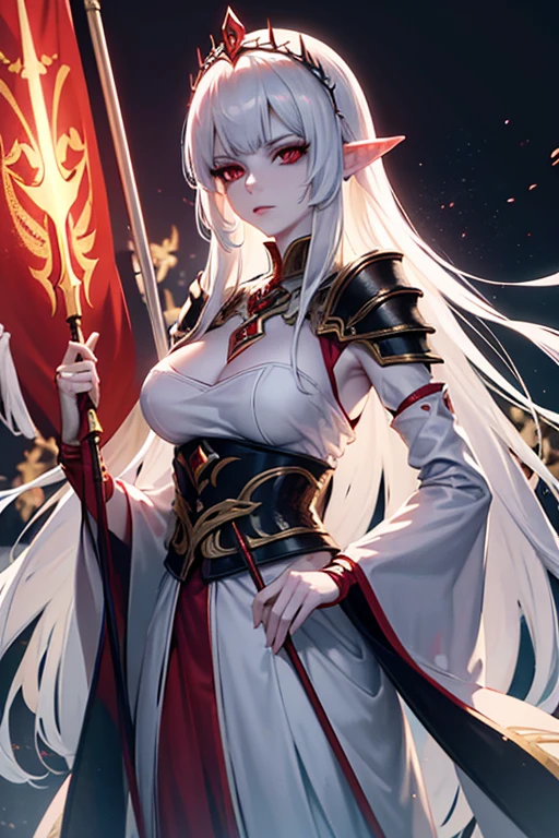 A tall, elegant elven woman with pale skin, very long ears, and striking red eyes, wearing a crown and intricate Japanese-style armor, holding a lance and standing proudly with a flag in her hand,extremely detailed eyes and face,longeyelashes,highly detailed armor,extremely detailed crown,detailed flag,cinematic lighting,dramatic shadows,vibrant colors,dark fantasy