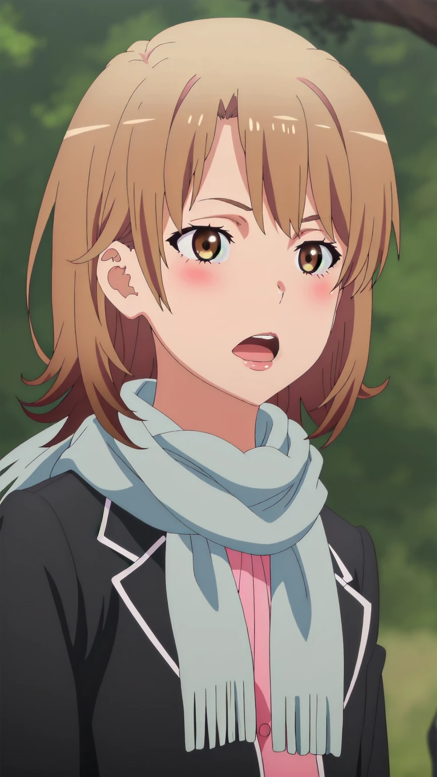 Highest quality, masterpiece, High resolution, alone, {Isshiki_ABC_yahariorenoseishunlovecomewamachigatteiru:1.15}, brown_hair, short_hair, blazer, brown_eye, One girl, 前hair, black_Jacket, Blurred, Blurred_background, Open_mouth, scarf, upper_body, blush, Jacket, Outdoor