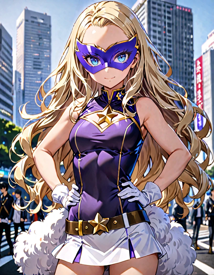 One girl, Medium chest, (((Upper Body))),(((leotard, 白色と青色のleotard, No sleeve, White mini skirt))),(((白色と青色のleotard))), ((Tight belt, Gold Belt)), ((boots, matching boots, ankle boots, white boots)), ((gloves, white gloves)), Urban Background, tokyo Urban Background, alone, single, Hands on hips, Are standing, (((Upper Bodyショット))), Cowboy Shot, Superhero, ((Beautiful attention to detail)), (Gold star symbol on chest), (((Purple eye mask))),(((blue eyes))),(((Blonde Hair, Medium length fluffy hair, blue eyes))),(((Show your amount))),(((The forehead is visible))),(((Center-parted bangs))),(smile), (Perfect Anatomy), masterpiece, (((Highest quality))),