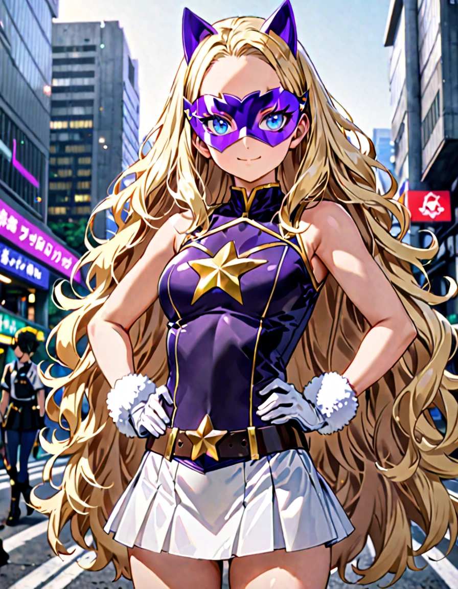 One girl, Medium chest, (((Upper Body))),(((leotard, 白色と青色のleotard, No sleeve, White mini skirt))),(((白色と青色のleotard))), ((Tight belt, Gold Belt)), ((boots, matching boots, ankle boots, white boots)), ((gloves, white gloves)), Urban Background, tokyo Urban Background, alone, single, Hands on hips, Are standing, (((Upper Bodyショット))), Cowboy Shot, Superhero, ((Beautiful attention to detail)), (Gold star symbol on chest), (((Purple eye mask))),(((blue eyes))),(((Blonde Hair, Medium length fluffy hair, blue eyes))),(((Show your amount))),(((The forehead is visible))),(((Center-parted bangs))),(smile), (Perfect Anatomy), masterpiece, (((Highest quality))),
