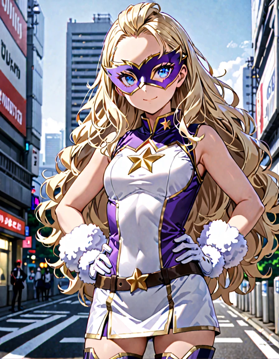 One girl, Medium chest, (((Upper Body))),(((leotard, 白色と青色のleotard, No sleeve, White mini skirt))),(((白色と青色のleotard))), ((Tight belt, Gold Belt)), ((boots, matching boots, ankle boots, white boots)), ((gloves, white gloves)), Urban Background, tokyo Urban Background, alone, single, Hands on hips, Are standing, (((Upper Bodyショット))), Cowboy Shot, Superhero, ((Beautiful attention to detail)), (Gold star symbol on chest), (((Purple eye mask))),(((blue eyes))),(((Blonde Hair, Medium length fluffy hair, blue eyes))),(((Show your amount))),(((The forehead is visible))),(((Center-parted bangs))),(smile), (Perfect Anatomy), masterpiece, (((Highest quality))),