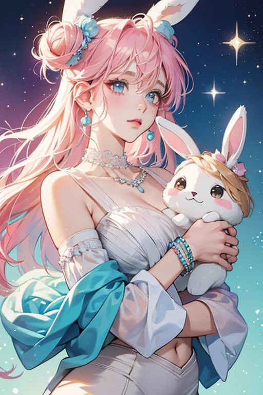 80s Bunny is a beige girl rabbit with a white belly. She has light blue eyeshadow, blonde hair in a bun at the top and crimped at the back with hot pink, blue, and light pink streaks, a beauty mark over the left side of her mouth, two bracelets on her left wrist - one pink, one blue - and a white beaded pearl necklace with a white pendant in the middle. SPARKLE; GLITTER