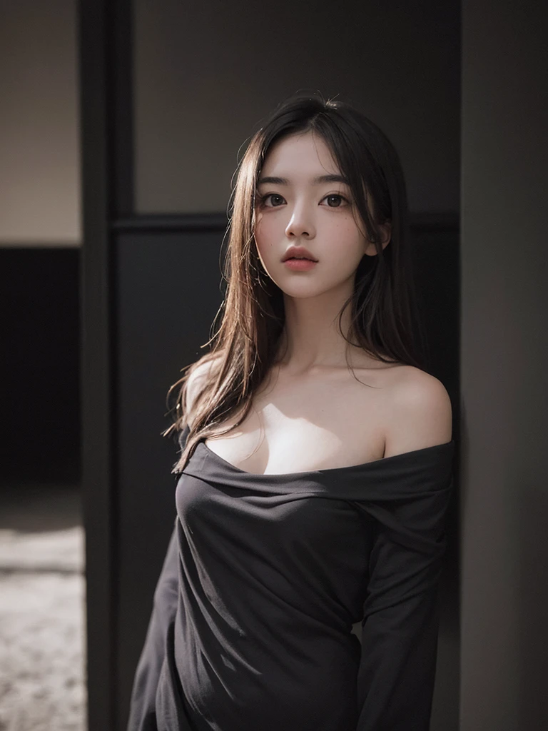 best quality, masterpiece, Ultra-high resolution, (Reality:1.5), RAW photos, 1 Girl, Off-shoulder, in the darkness, Deep Shadows, Low profile, Cold Light, Sexy look, Upper Body
