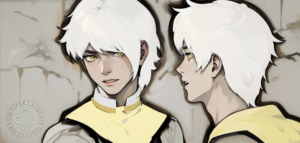 He is with his mouth open talking to someone white hair yellow eyes 18 years old black clothes