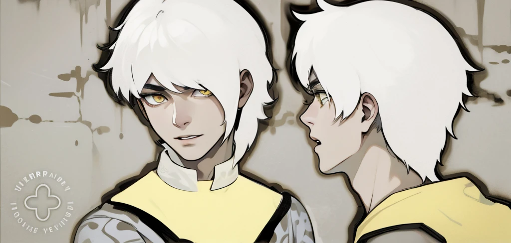 He is with his mouth open talking to someone white hair yellow eyes 18 years old black clothes