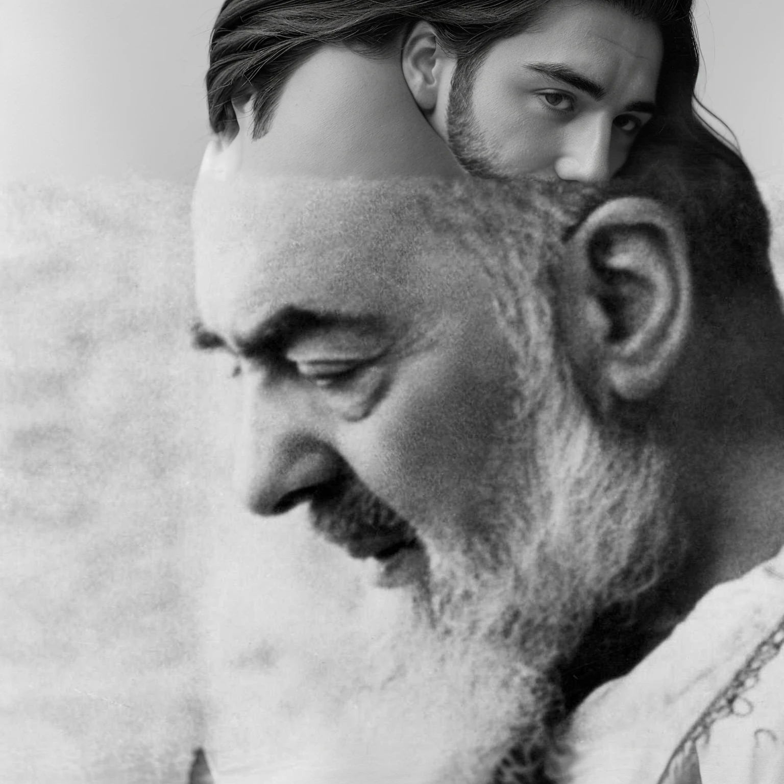 a black and white photo of a man with a beard and a white shirt, matisse, Carlos Many, inspired by Joaquín Clausell, Vladimir moved, ero, edouard caplain, riichi ueshiba, by Carlo Carrà, inspired by Carlo Carrà, inspired by Kamāl ud-Dīn Behzād