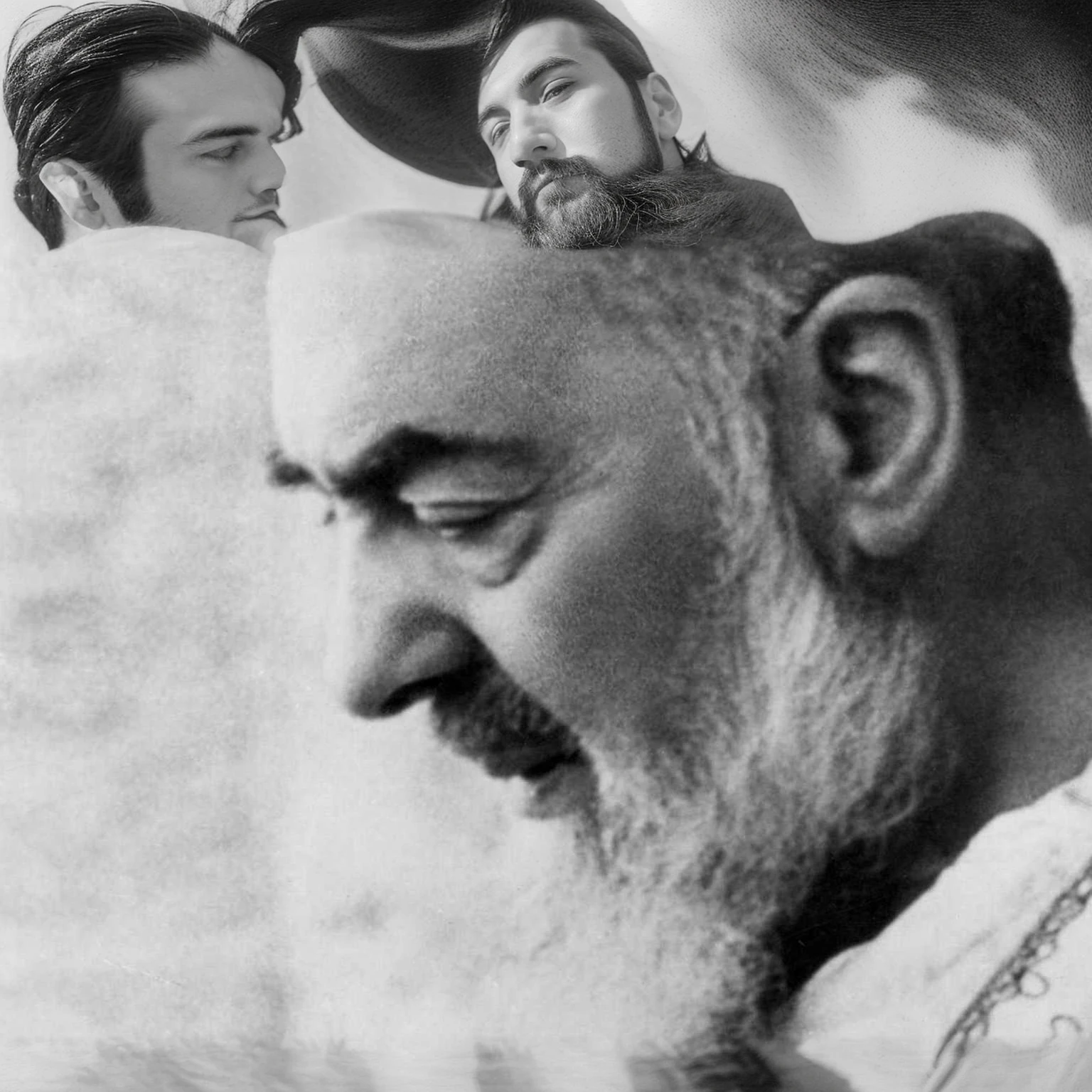 a black and white photo of a man with a beard and a white shirt, matisse, Carlos Many, inspired by Joaquín Clausell, Vladimir moved, ero, edouard caplain, riichi ueshiba, by Carlo Carrà, inspired by Carlo Carrà, inspired by Kamāl ud-Dīn Behzād