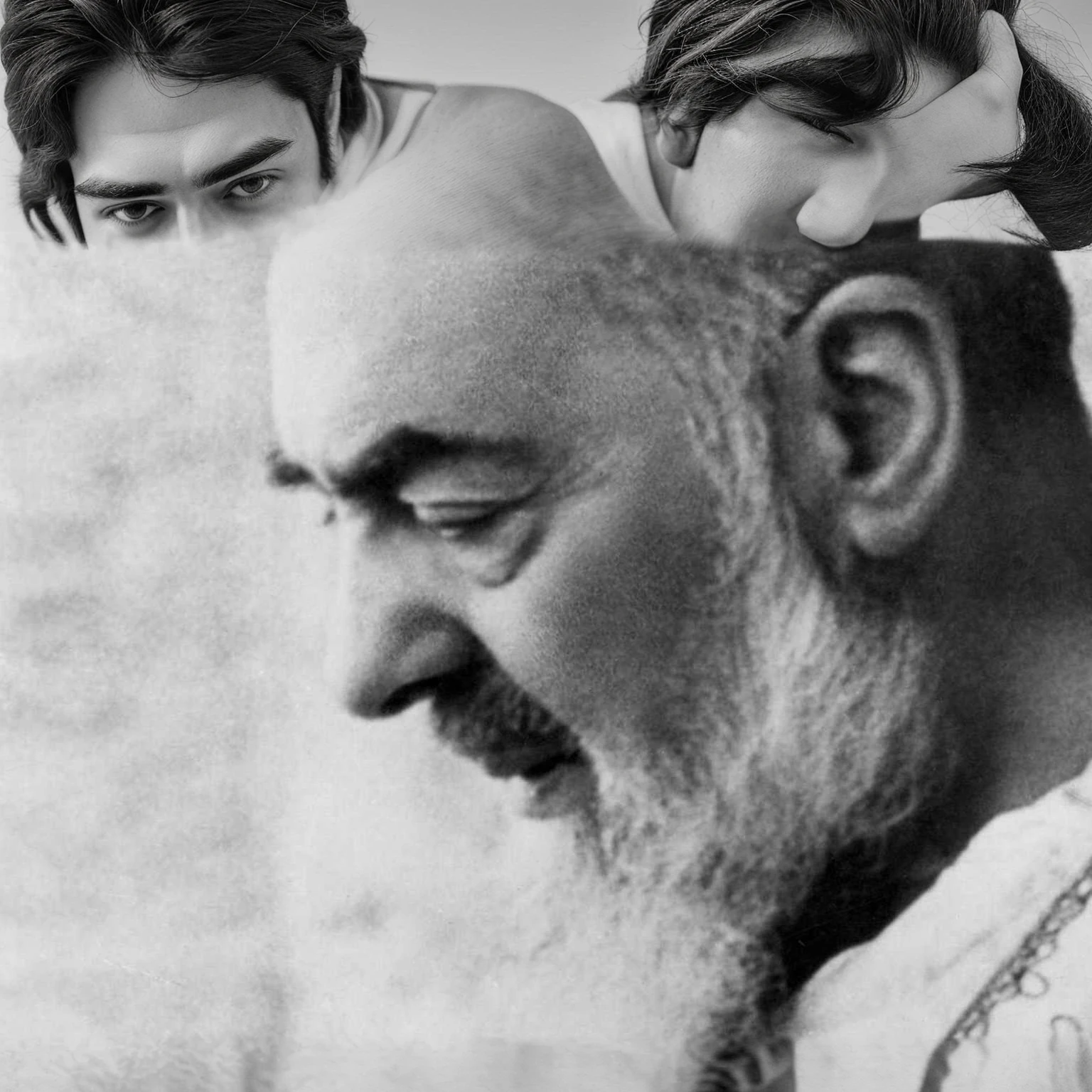 a black and white photo of a man with a beard and a white shirt, matisse, Carlos Many, inspired by Joaquín Clausell, Vladimir moved, ero, edouard caplain, riichi ueshiba, by Carlo Carrà, inspired by Carlo Carrà, inspired by Kamāl ud-Dīn Behzād