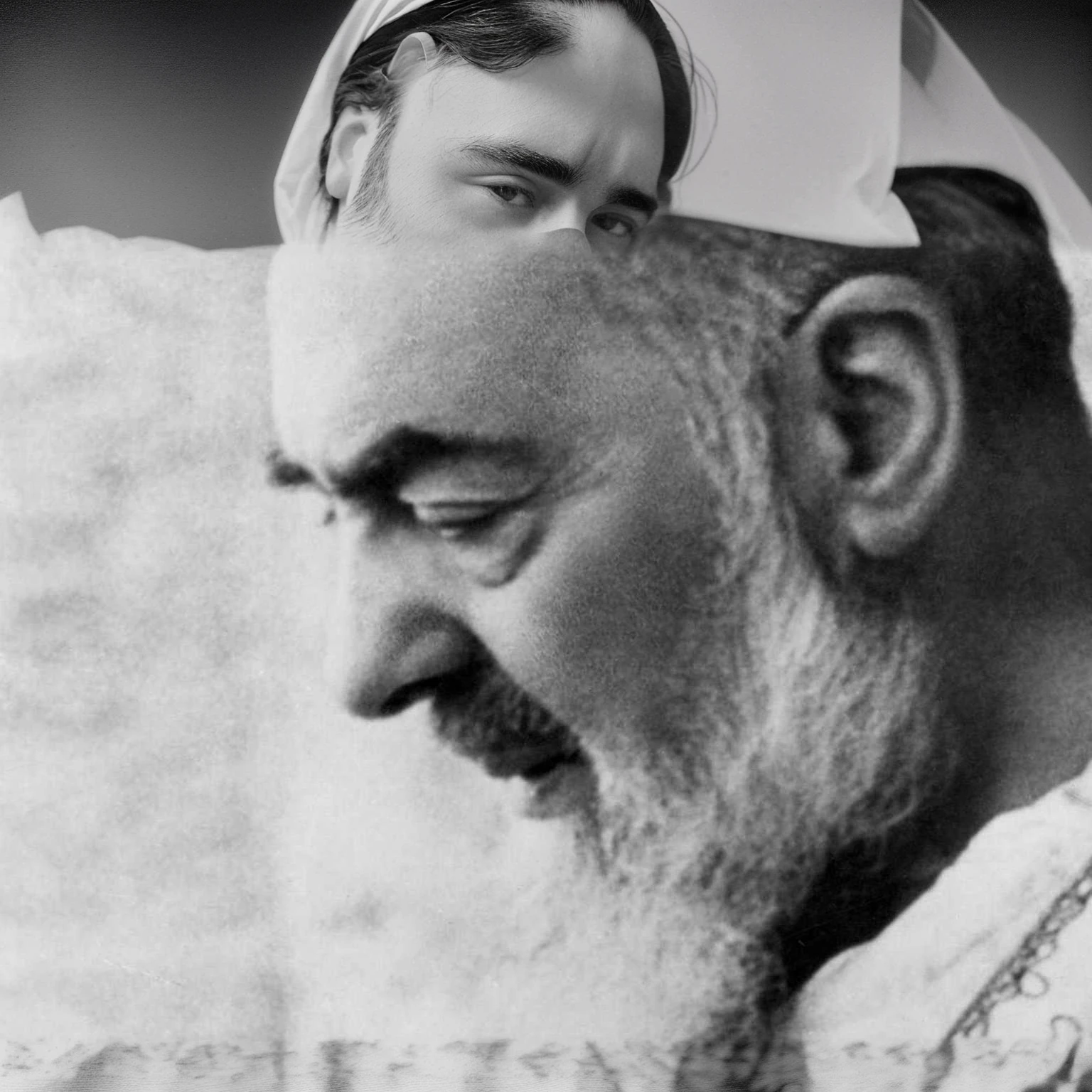 a black and white photo of a man with a beard and a white shirt, matisse, Carlos Many, inspired by Joaquín Clausell, Vladimir moved, ero, edouard caplain, riichi ueshiba, by Carlo Carrà, inspired by Carlo Carrà, inspired by Kamāl ud-Dīn Behzād