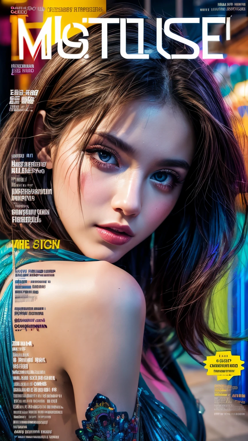 (Magazine Cover:1.3),Urzan-6500, (Realistic: 1.3) (original: 1.2), masterpiece, Highest quality, Beautiful pretty face, whole body, One girl, Glitch Art, (Digital Distortion), Pixelated Fragments, Data Corruption,Colorful Noise, Visual clutter,Modern aesthetics, big firm bouncing busts, sexy long legs