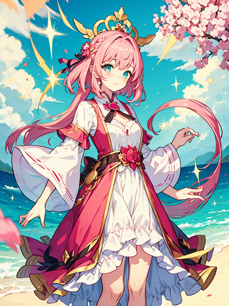 fantasy world girl with colorful hair, accessories, detailed clothes, pink hair, white and red clothes