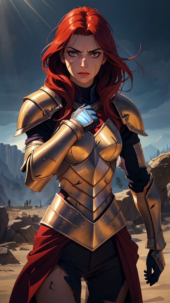 ((((masterpiece, best quality, high resolution)))), Extremely detailed 8K, 1 female, wearing a warrior type of armor, (Ultra HD, Ultra-detailed, Highly detailed, Highly realistic, Ultra-realistic, photograph realistic), (1girl:1.5), (Realistic red hair), (dynamic poses), facing at camera, looking at viewer, (a serious calm face), (regular black eyes, sharp eyes), (perky breasts:1.2), (beautiful detailed face, beautiful detailed eyes), ((armor damaged)), (preparing for a fight), sweat, glow, (sunbeam, sunlight), ((cowboy shot)), battlefield background, seductive, EnvyBetterHands LoCon,