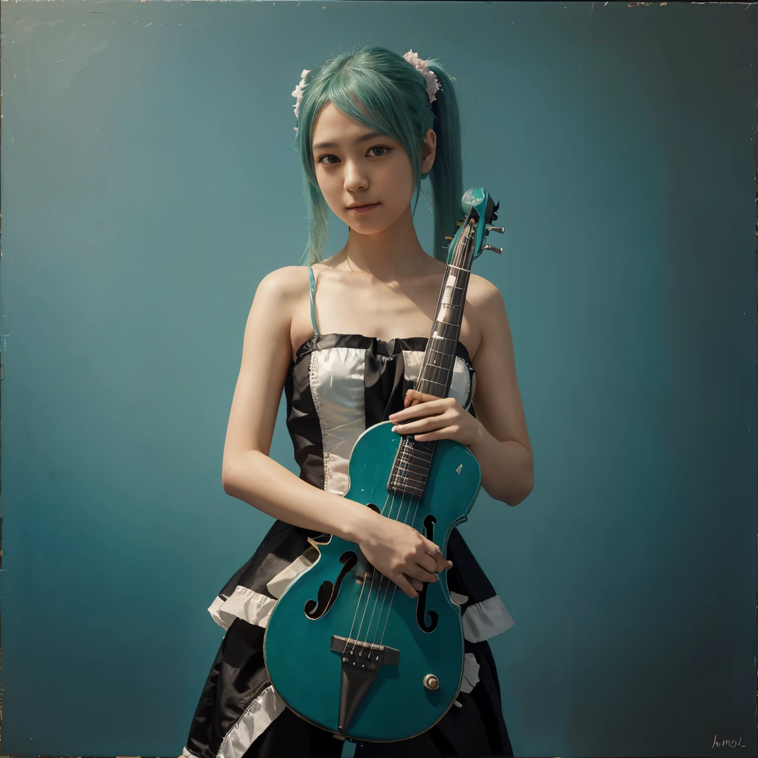 album cover of hatsune miku holding an instrument. oil painting.