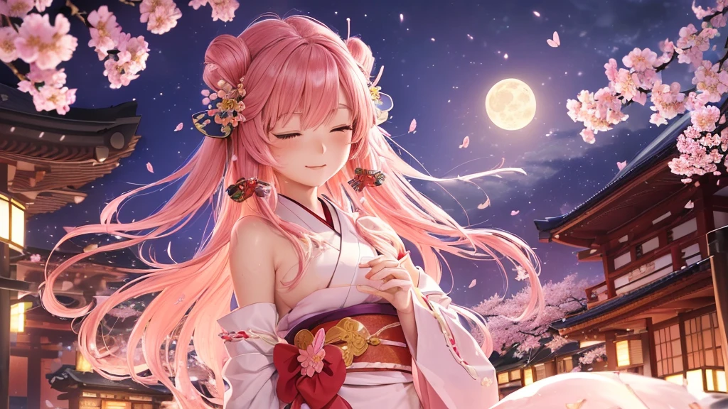 ((High resolution, bust up, pink hair, long hair, shrine maiden)) ((mystical, cherry blossoms, butterfly, night, Japanese style, shoulder, shining aura)) (closed eyes, prayer), moon, stars, spring