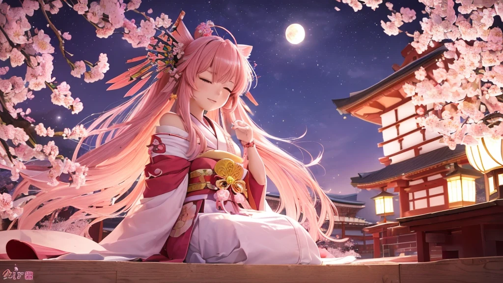 ((High resolution, bust up, pink hair, long hair, shrine maiden)) ((mystical, cherry blossoms, butterfly, night, Japanese style, shoulder, shining aura)) (closed eyes, prayer), moon, stars, spring