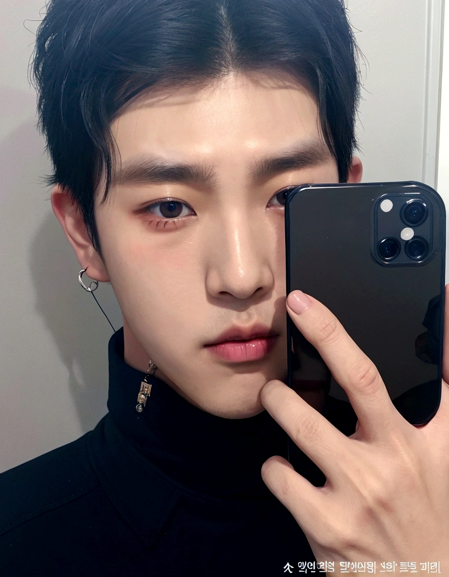 There's a man taking a selfie in a mirror with his cell phone, Kim colorhyung, lean face, color, Ulzzang spacious, colorhyung, V do bts, hyung tae, cute japanese demon boy, south korean man, cai xukun, colorhyung do BTS Shin aesthetic, Asian Male