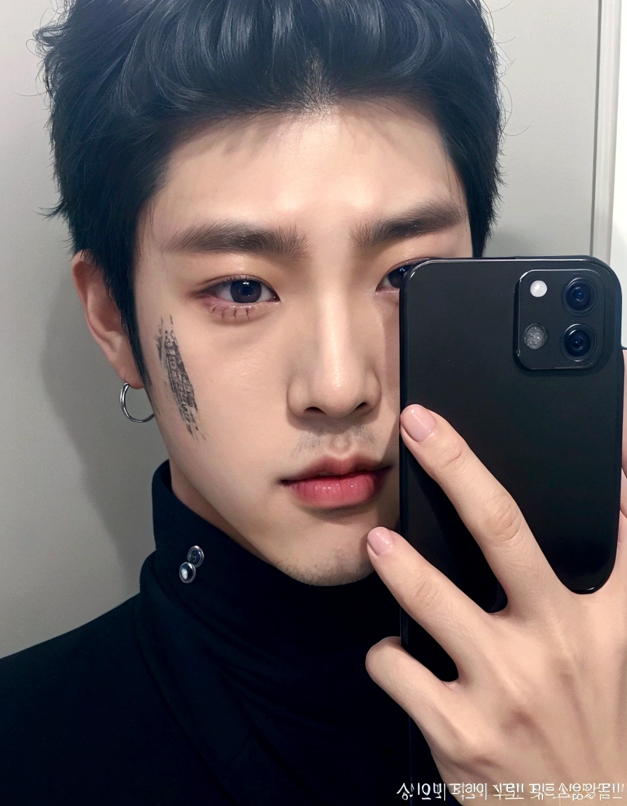 There's a man taking a selfie in a mirror with his cell phone, Kim colorhyung, lean face, color, Ulzzang spacious, colorhyung, V do bts, hyung tae, cute japanese demon boy, south korean man, cai xukun, colorhyung do BTS Shin aesthetic, Asian Male