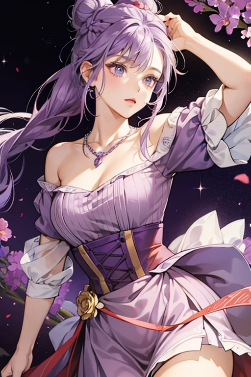 She is a gray girl with purple hair in a bun at the top of her head and a braided purple . She wears a purple dress with a red skirt and a yellow underskirt, and a necklace of purple, red and yellow flowers. . SPARKLE; GLITTER