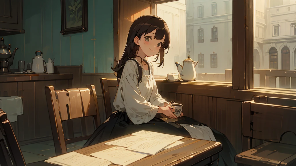 Stylish cafe、Anime Style、Freshly Brewed Coffee、Delicious looking baked goods、Relaxed atmosphere、Cozy atmosphere、Beautiful girl with dark hair sitting and drinking coffee、Wearing a dress、smile、Warm Light、avert your eyes、Ghibli style