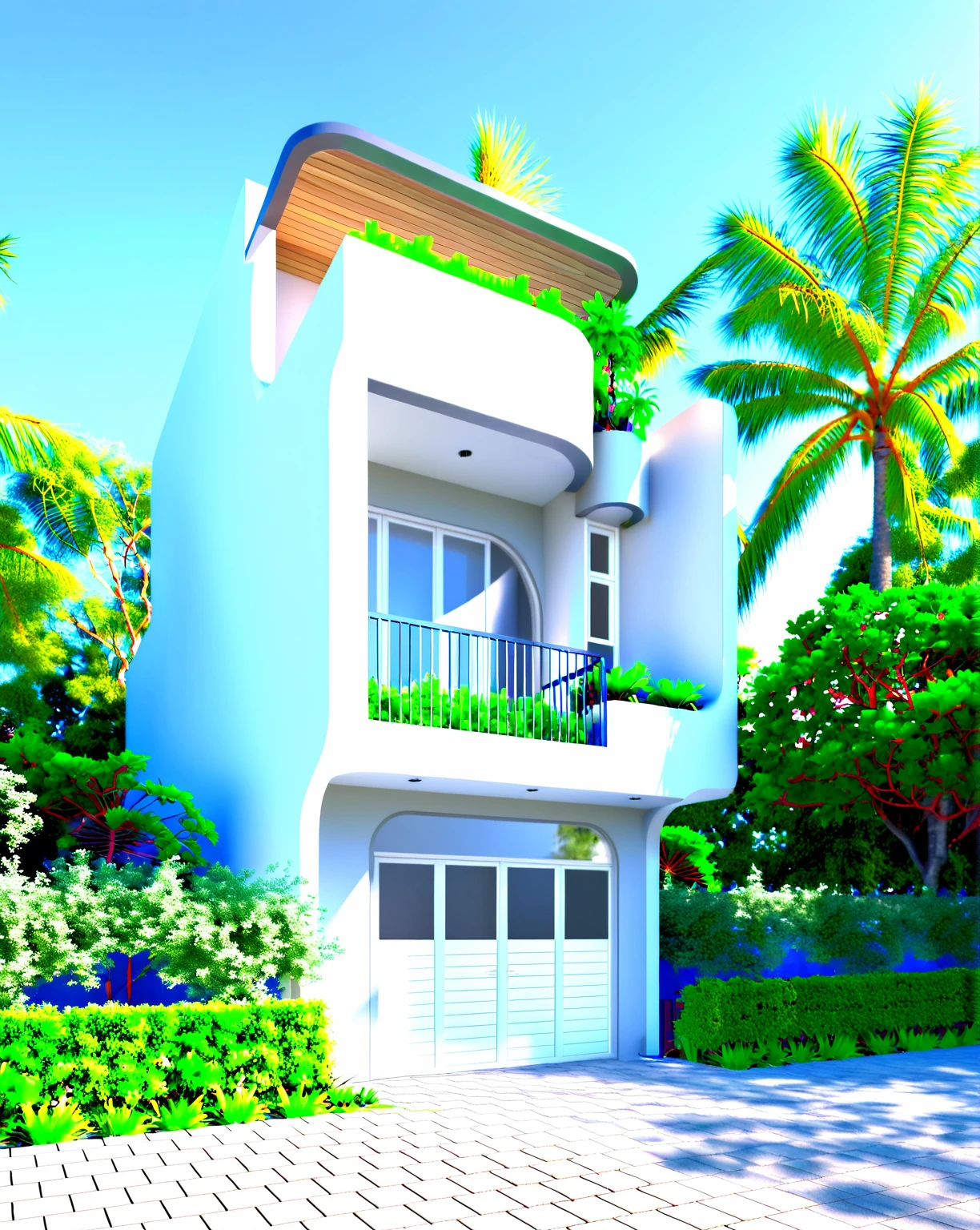 a rendering of a modern house with a balcony and balcony, detailed rendering, all white render, inter dimensional villa, high quality rendering, fully detailed render, pre-rendered, exterior design, architectural rendering, mid-view, highly detailed render, highly rendered!!, frontview, 3 d rendering, 3d rendering, precise architectural rendering