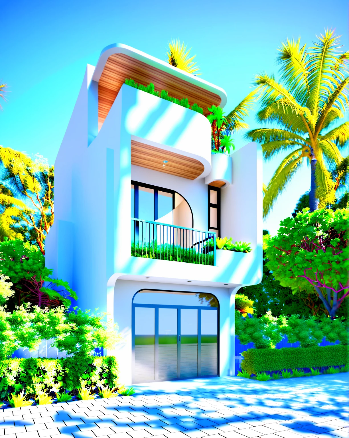 a rendering of a modern house with a balcony and balcony, detailed rendering, all white render, inter dimensional villa, high quality rendering, fully detailed render, pre-rendered, exterior design, architectural rendering, mid-view, highly detailed render, highly rendered!!, frontview, 3 d rendering, 3d rendering, precise architectural rendering