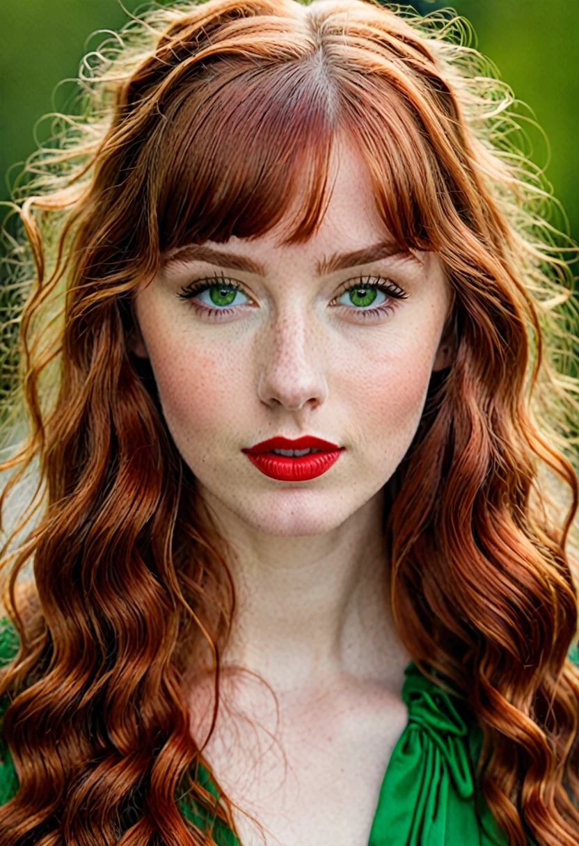 22 year old woman with long hair, wavy and redhead, with a fringe, green eyes and red lips. 