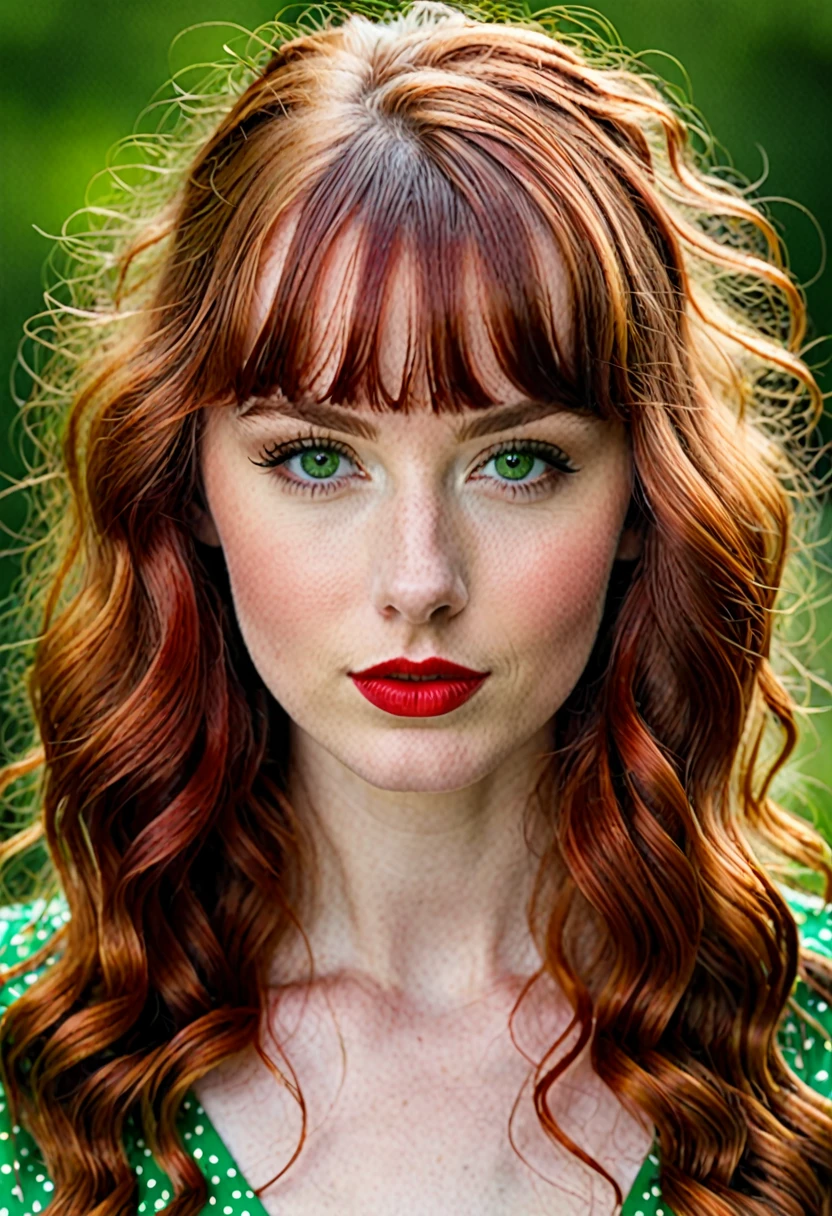 22 year old woman with long hair, wavy and redhead, with a fringe, green eyes and red lips. 