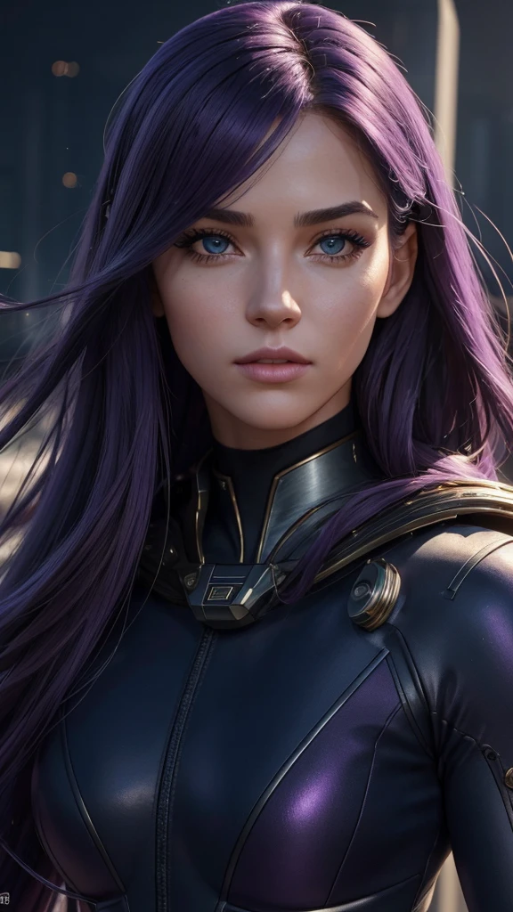 1 beautiful woman, navy captain's uniform, long flowing purple hair, lithe athletic body, exuding strength and grace, detailed eyes, detailed lips, extremely detailed face, long eyelashes, futuristic spacecraft bridge, cinematic lighting, dramatic shadows, vibrant colors, sci-fi, concept art, (best quality,8k,highres,masterpiece:1.2),ultra-detailed,(realistic,photorealistic,photo-realistic:1.37)