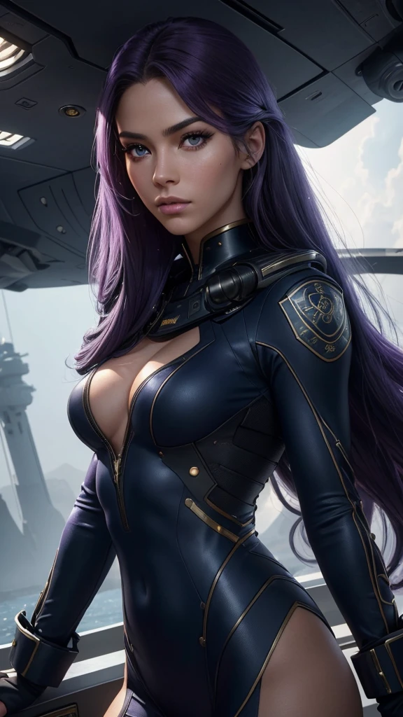 1 beautiful woman, navy captain's uniform, long flowing purple hair, lithe athletic body, exuding strength and grace, detailed eyes, detailed lips, extremely detailed face, long eyelashes, futuristic spacecraft bridge, cinematic lighting, dramatic shadows, vibrant colors, sci-fi, concept art, (best quality,8k,highres,masterpiece:1.2),ultra-detailed,(realistic,photorealistic,photo-realistic:1.37)