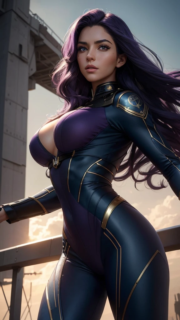 1 beautiful woman, navy captain's uniform, long flowing purple hair, lithe athletic body, exuding strength and grace, detailed eyes, detailed lips, extremely detailed face, long eyelashes, futuristic spacecraft bridge, cinematic lighting, dramatic shadows, vibrant colors, sci-fi, concept art, (best quality,8k,highres,masterpiece:1.2),ultra-detailed,(realistic,photorealistic,photo-realistic:1.37)