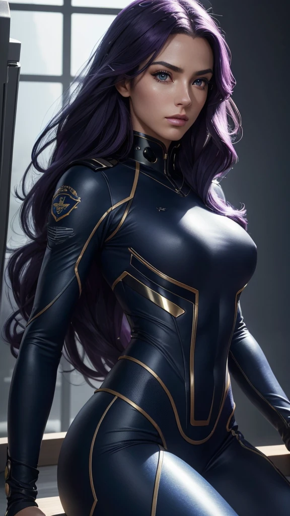 1 beautiful woman, navy captain's uniform, long flowing purple hair, lithe athletic body, exuding strength and grace, detailed eyes, detailed lips, extremely detailed face, long eyelashes, futuristic spacecraft bridge, cinematic lighting, dramatic shadows, vibrant colors, sci-fi, concept art, (best quality,8k,highres,masterpiece:1.2),ultra-detailed,(realistic,photorealistic,photo-realistic:1.37)