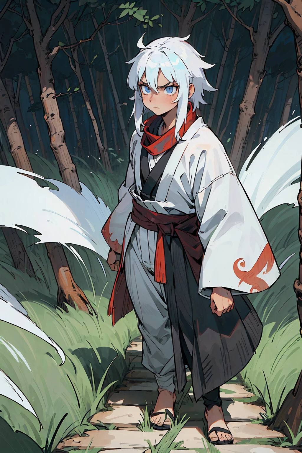 ((masterpiece,best quality,1boy,male focus,masculine,solo,closed mouth,teenager,muscle,muscular)),((((white hair,short messy hair)))),((pale blue eyes,perfect eyes,glowing eyes,perfect face,serious demeanor)),(((dark skin color,standing still,caramel skin color,multicolored haori,white haori,black haori,red scarf,demon slayer outfit))),((forest background,trees,walking on path,grass))