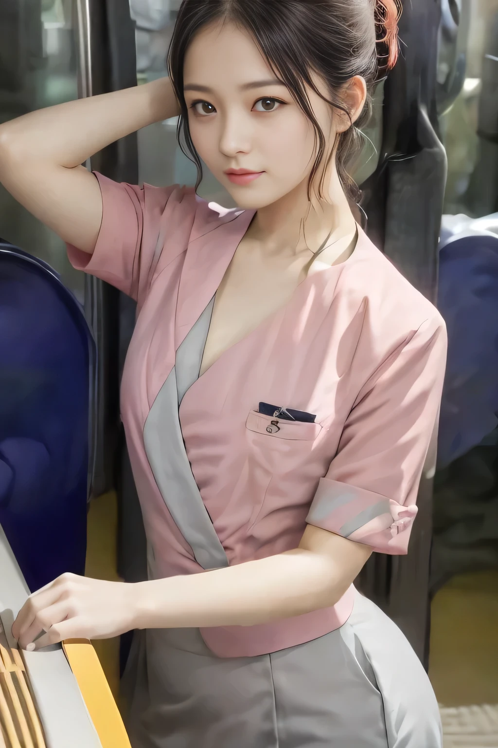 (masterpiece:1.2, Highest quality:1.2), 32k HDR, High resolution, (alone、1 girl)、 (Height: 160cm)、(On the rooftop of a building in the daytime、Professional Lighting)、Building rooftop background、(Nankai train crew uniform pinkを着たリアルスタイル)、(Nankai train crew uniform pink short sleeve collarless pink jacket、Nankai Train Crew Uniform Pink Collarless Short Sleeve Blouse、Nankai Train Crew Uniform Pink Grey Knee-length Culottes)、(The pink jacket is showing from the culottes.)、Dark brown hair、(Hair tied up、Hair tied up、Evening curly hairstyle)、Dark brown hair、Long Shot、Big Breasts、Thin legs、((Great hands:2.0)),((Harmonious body proportions:1.5)),((Normal limbs:2.0)),((Normal finger:2.0)),((Delicate eyes:2.0)),((Normal eyes:2.0)))、smile、(Nankai Train Crew Uniform Pink Grey Knee-length Culottesを見せた美しい歩く姿)、Place your hands around your stomach