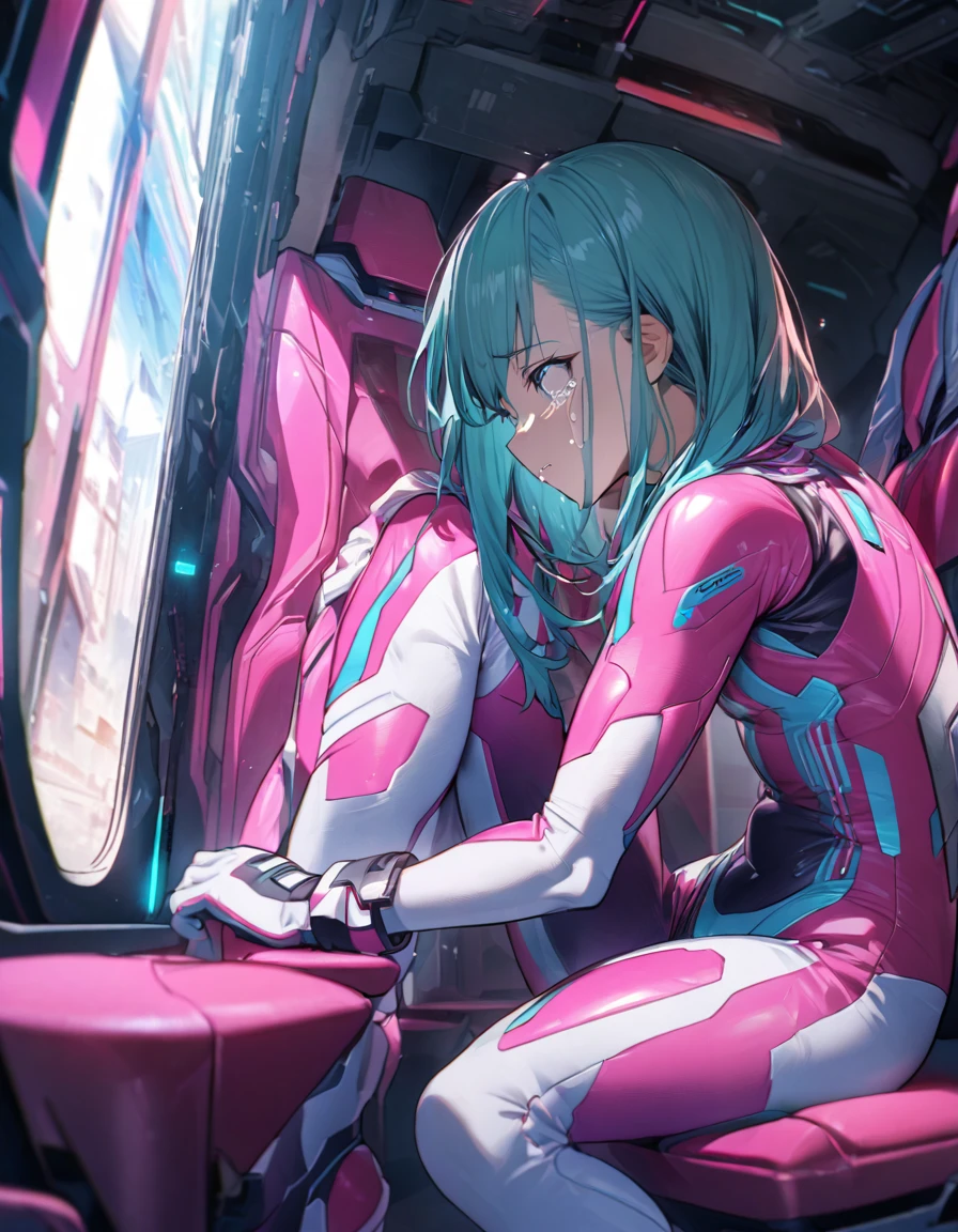 Anime version of an aoba man sitting looking at the window with tears in his eyes, turquoise hair, futuristic sports pink clothing, detailed,8d 