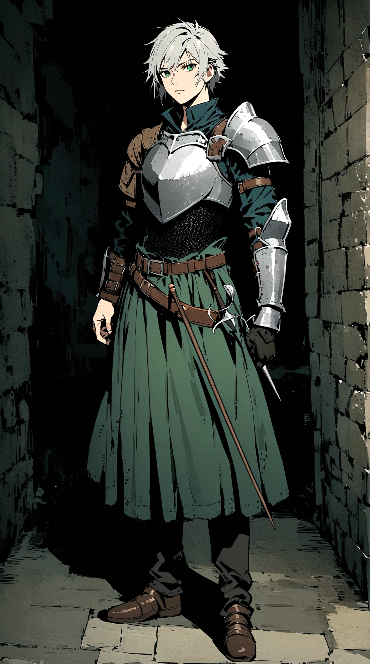 Male, silver short hair, green eyes, Male duelist, crop chestplate, black chainmail, full body view, light armor, dark souls style, weathered clothing, Rapier duelist, one shoulder guard, black chainmail, leather armor, leather straps, DND style, dark souls style, duelist, rapier