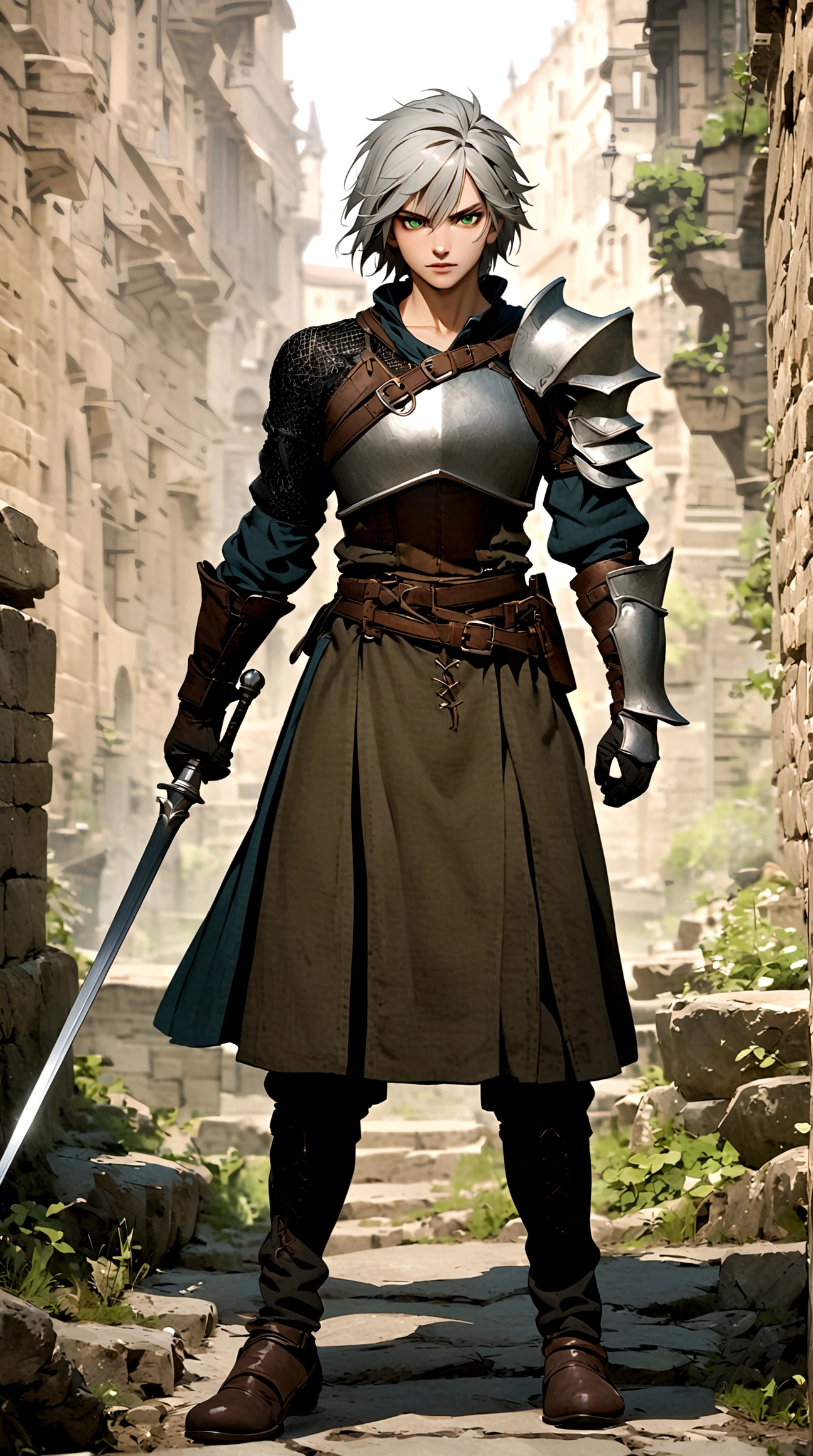 Male, silver short hair, green eyes, Male duelist, crop chestplate, black chainmail, full body view, light armor, dark souls style, weathered clothing, Rapier duelist, one shoulder guard, black chainmail, leather armor, leather straps, DND style, dark souls style, duelist, rapier