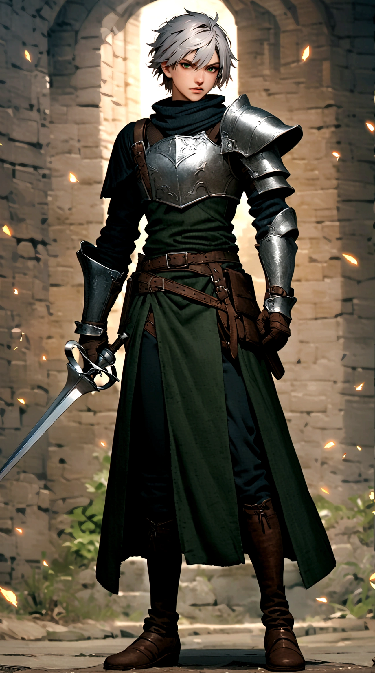 Male, silver short hair, green eyes, Male duelist, crop chestplate, black chainmail, full body view, light armor, dark souls style, weathered clothing, Rapier duelist, one shoulder guard, black chainmail, leather armor, leather straps, DND style, dark souls style, duelist, rapier