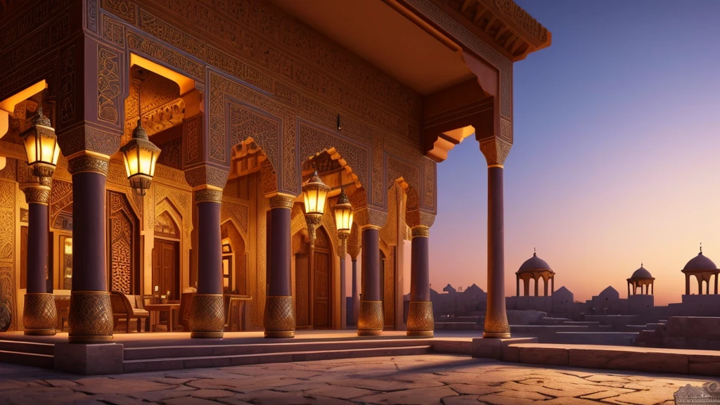 a magical arabian lamp, an ancient arabic town, arabian nights, a mystical genie, detailed ornate architecture, intricate patterns, warm glowing lights, rich colors, dramatic lighting, ethereal atmosphere, detailed intricate details, high quality, 8k, photorealistic, cinematic, concept art style