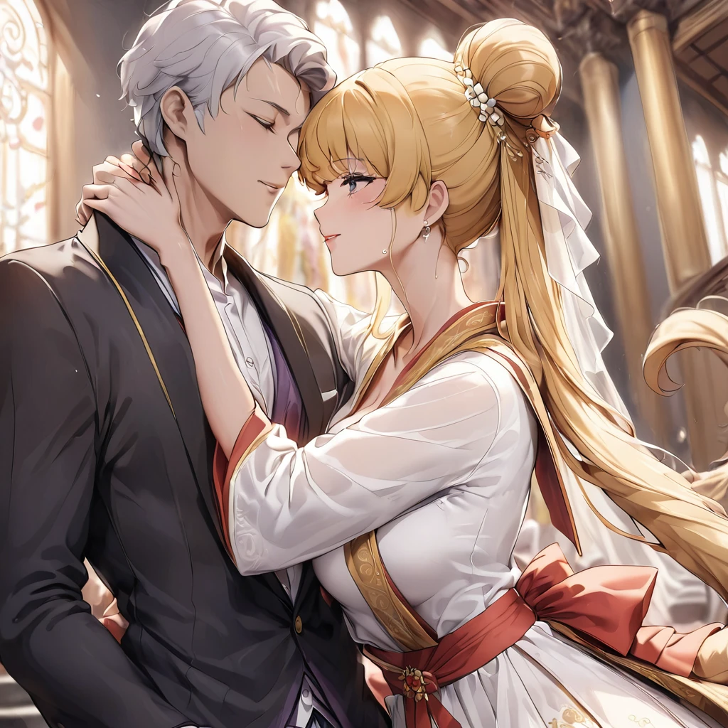 ((Highest quality)), ((masterpiece)), (detailed), （Perfect Face）、The woman is wearing a red wedding dress made of gold embroidered Hanfu fabric in a luxurious Chinese church. She is embracing a Chinese man in Hanfu, kissing him in vows, and getting married. The man and woman are both wearing engagement rings.、The woman has a gorgeous hairstyle and wears gorgeous jewellery.、The woman is the elegant Tsukino Usagi, with long blonde hair in a chignon twin tail.、A man is dressed in a Hanfu groom costume and is having a wedding with a woman